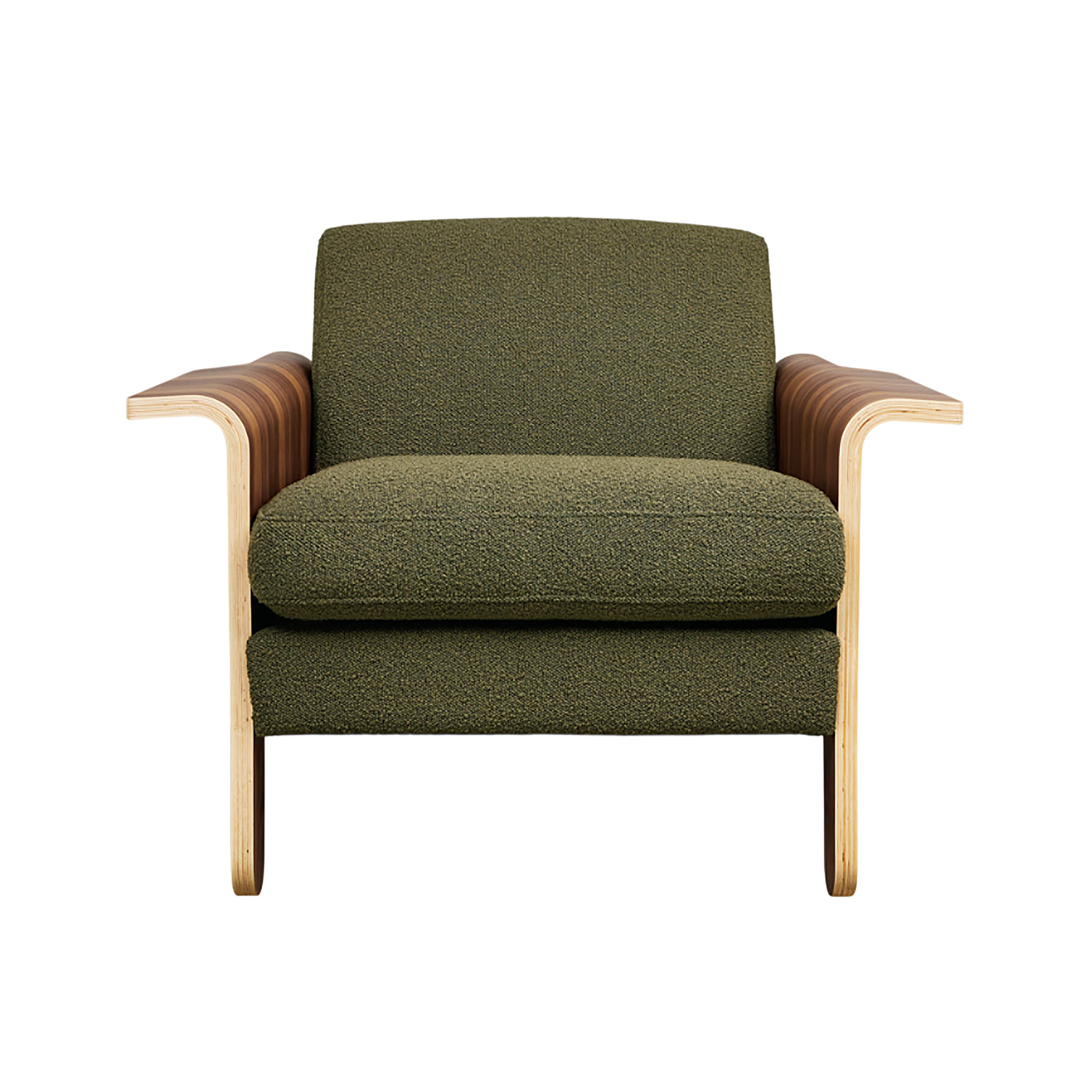 Lounge chair with green fabric and wooden frame