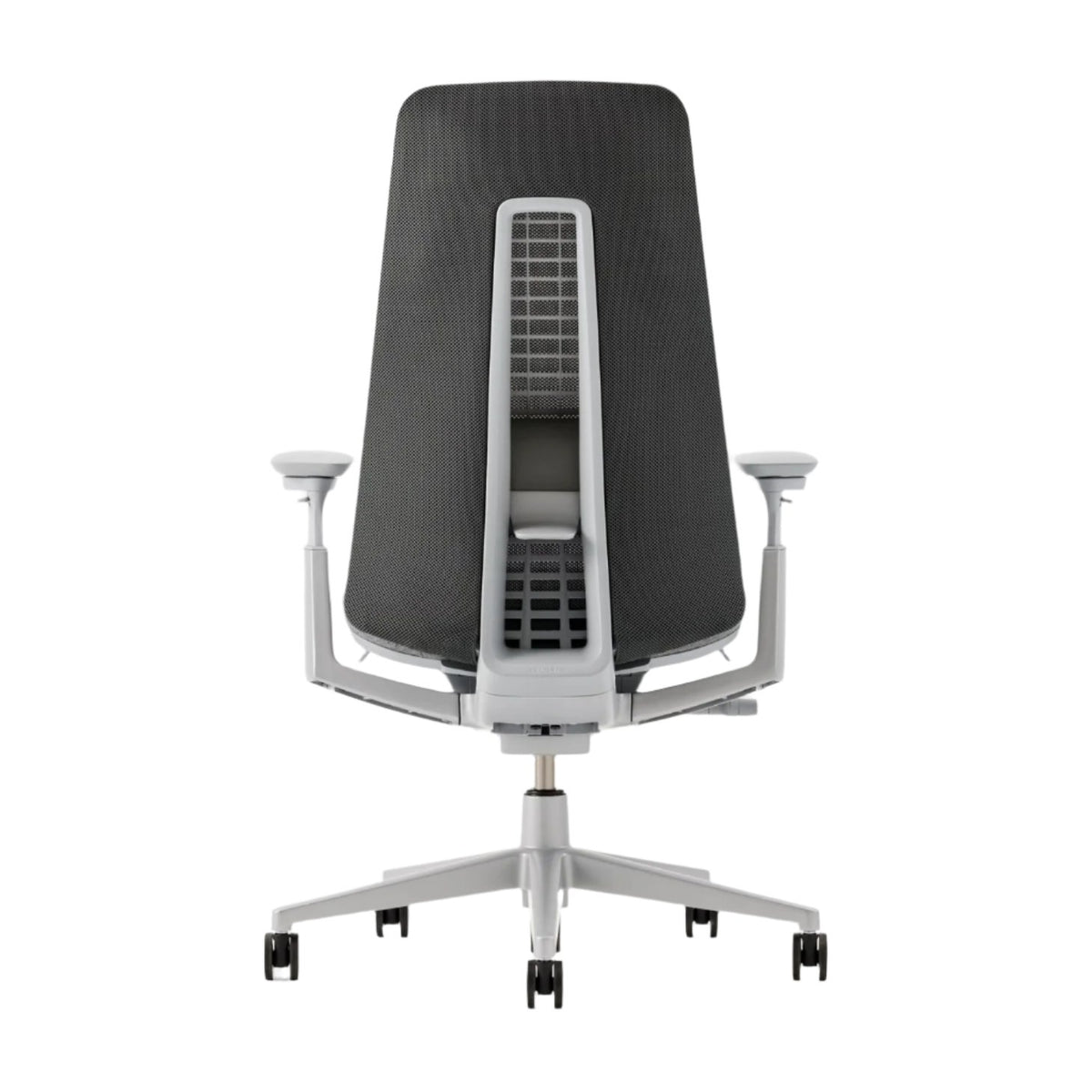 Black mesh office chair with silver base and armrests on a white background.