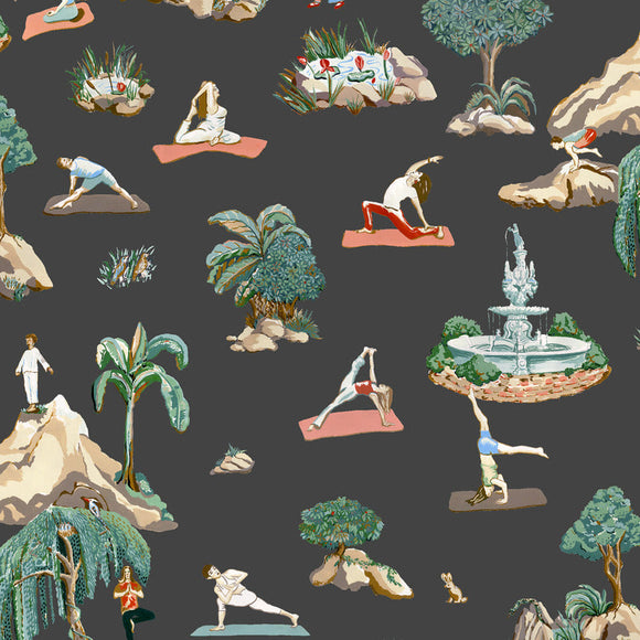 Forest Yoga Wallpaper Natural on Charcoal / Eco PrePasted / Roll (50 in wide by 9 ft long) OPEN BOX