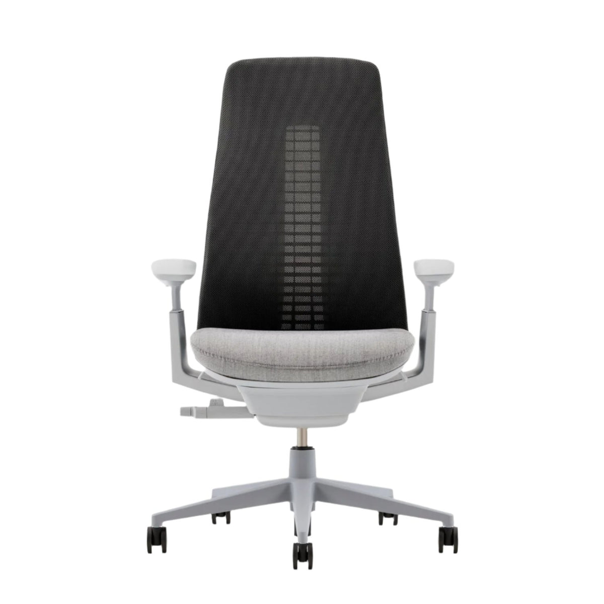 Black mesh office chair with silver base and armrests on a white background.