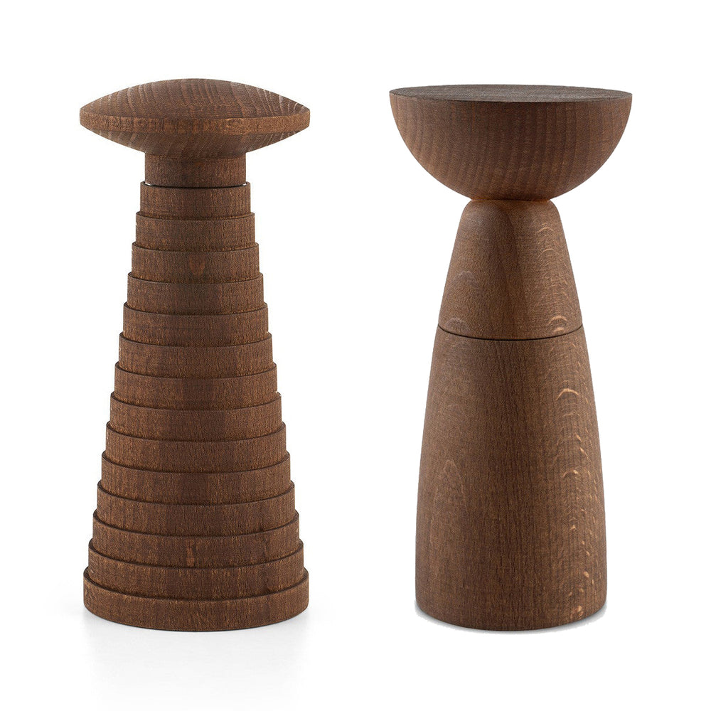 Two dark brown wooden sale and pepper mills, shown on a white background.