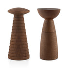 Two dark brown wooden sale and pepper mills, shown on a white background.