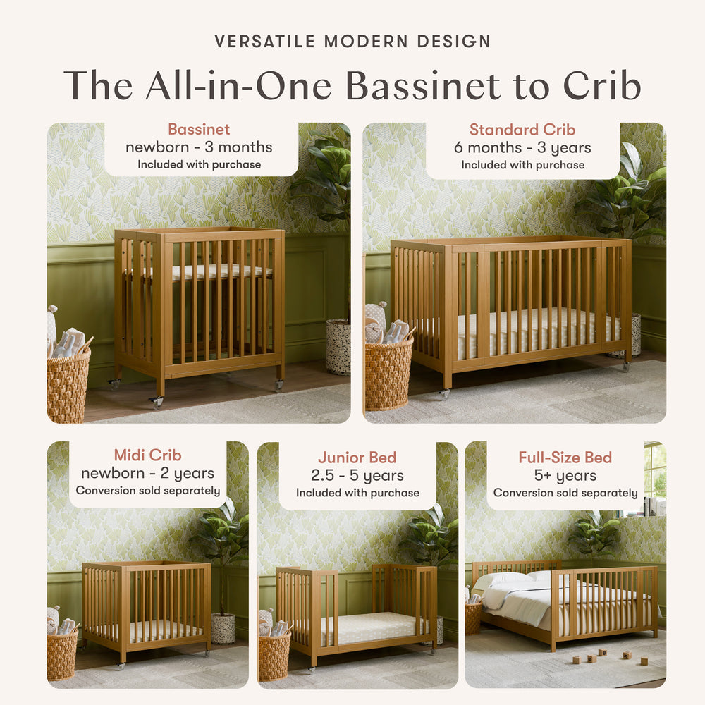 Rolli 9-in-1 Convertible All-Stages Crib with Bassinet and Toddler Bed Conversion Kits