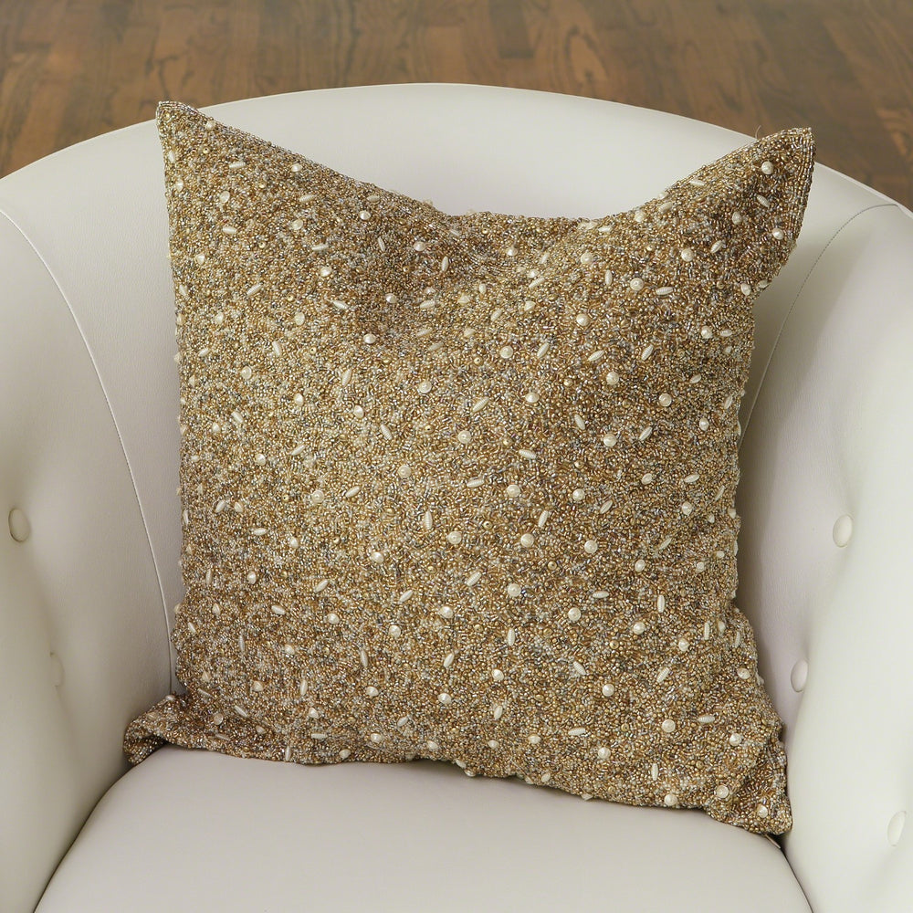 Golden Beaded Shag Throw Pillow