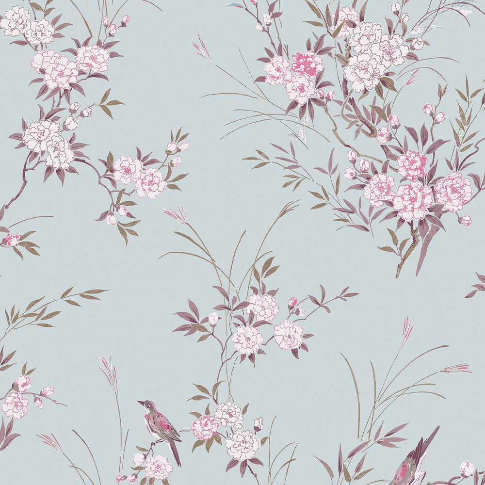 Rachel Ashwell Bird Chinoiserie Blue Gold Wallpaper Sample Swatch