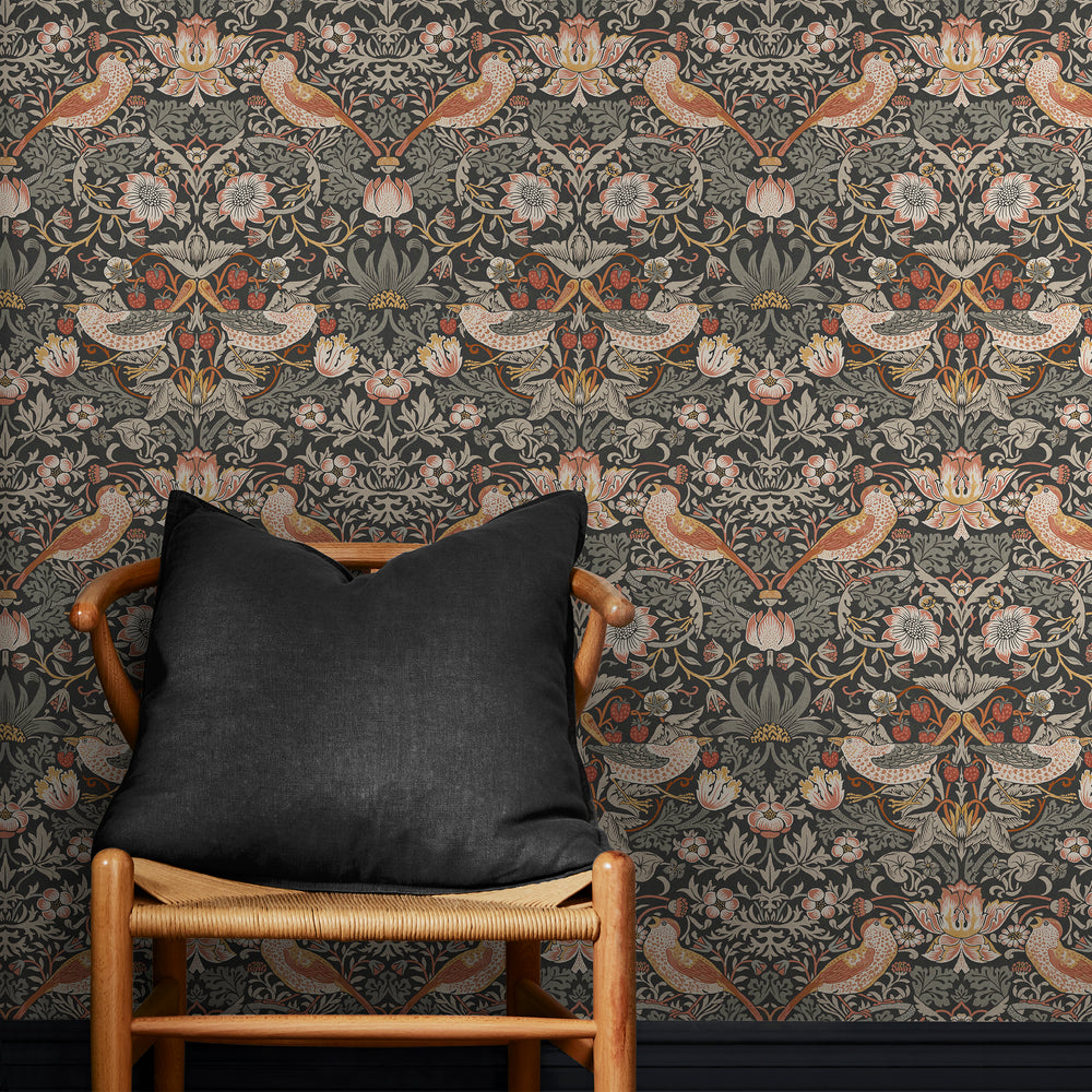 William Morris Strawberry Thief Charcoal Wallpaper