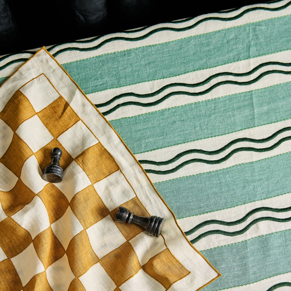 Monaco Stripe Embroidered Linen Tablecloth