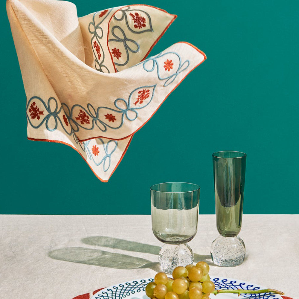 Ribbon Floral Embroidered Linen Napkin (Set of 4)