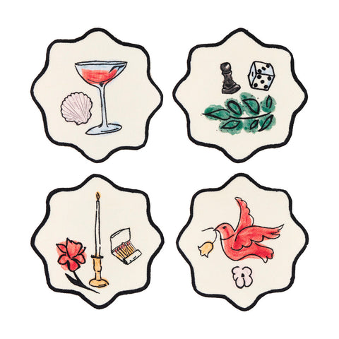 Salon Motif Embroidered Linen Coaster (Set of 4)
