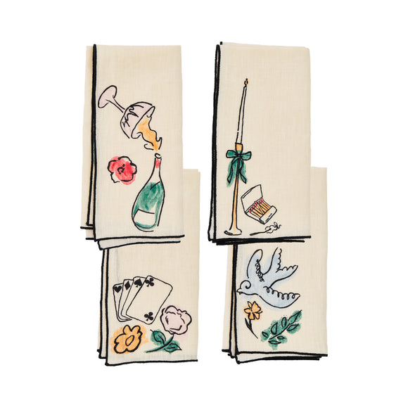 Salon Motif Embroidered Linen Napkin (Set of 4)