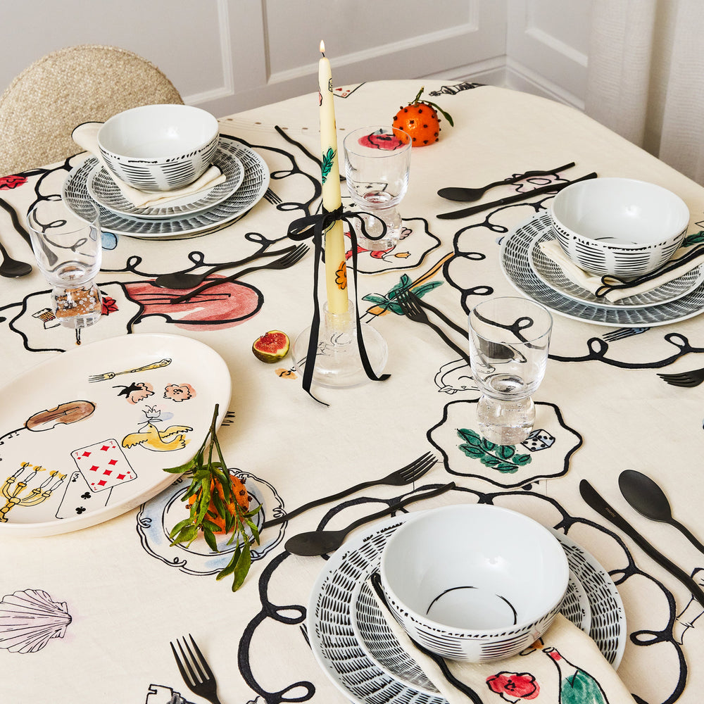 Salon Motif Embroidered Linen Tablecloth