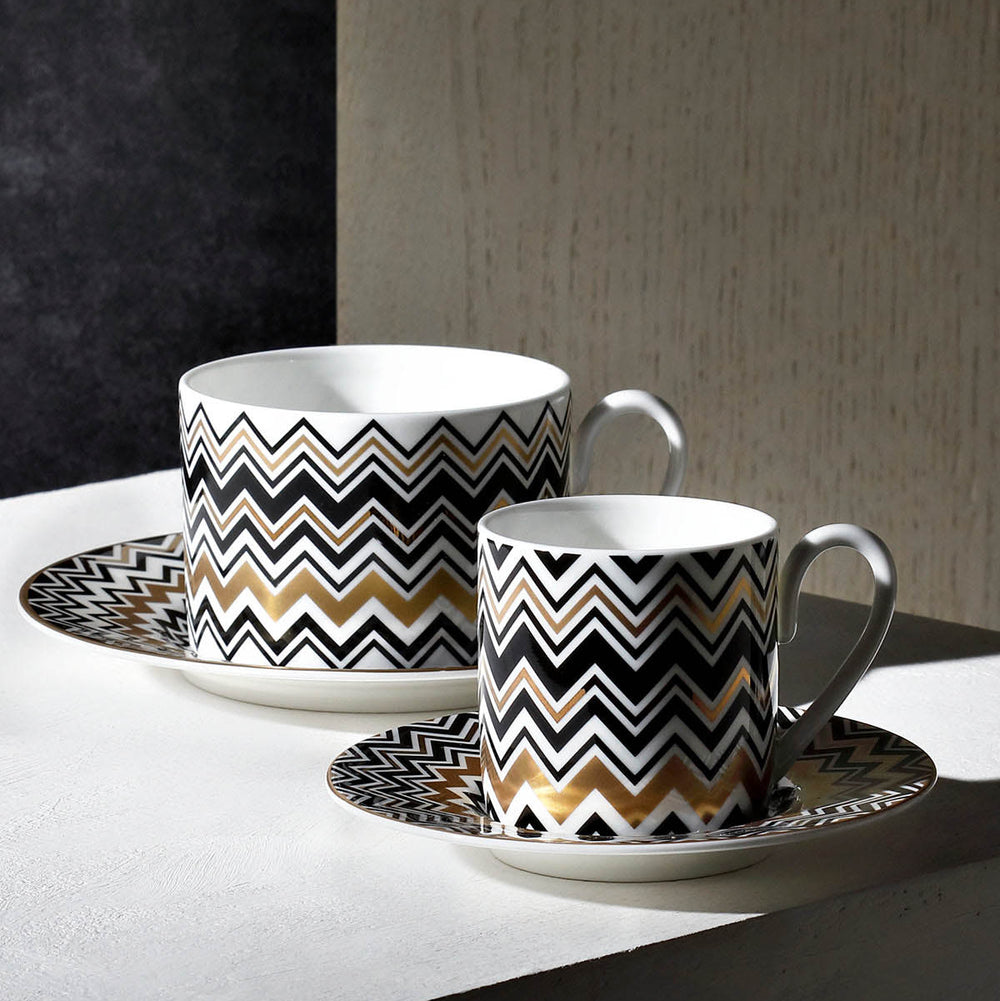 Zig Zag Gold Coffee Cup and Saucer (Set of 2)
