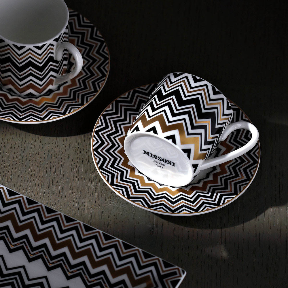 Zig Zag Gold Coffee Cup and Saucer (Set of 2)