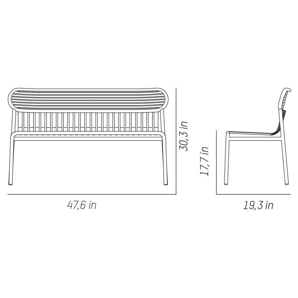 Grey metal bench with vertical slats and slim frame, front view with dimensions