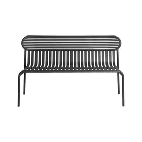 Blue outdoor bench with long, rounded back and slatted seat, front view