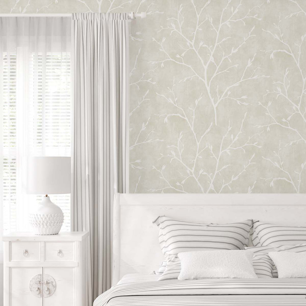 White Heron Avena Branches Wallpaper
