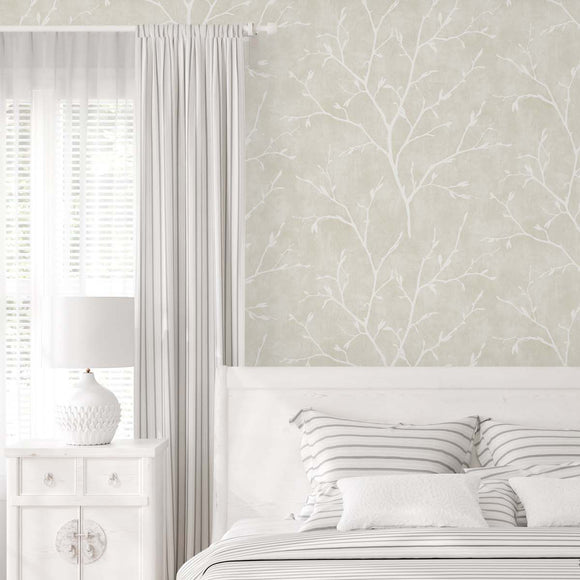 White Heron Avena Branches Wallpaper