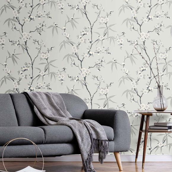 White Heron Floral Blossom Trail Wallpaper