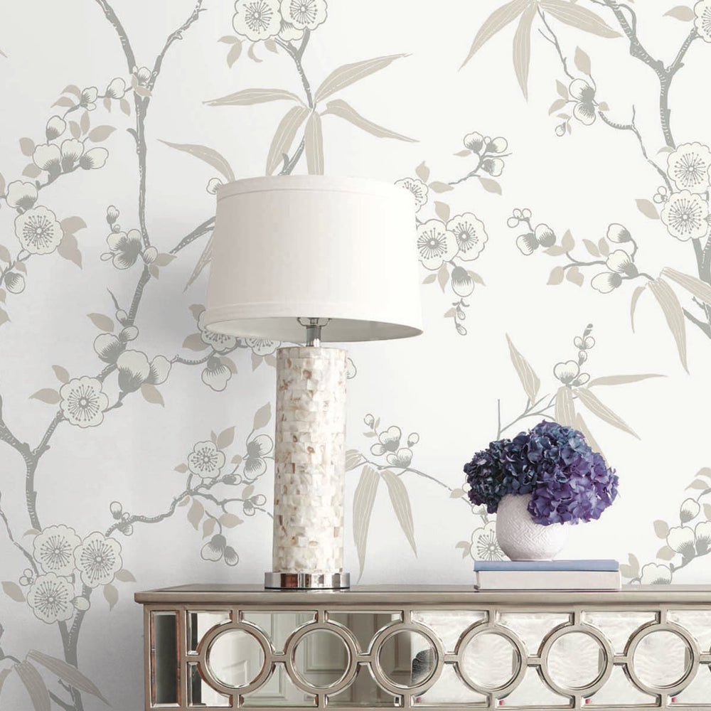 White Heron Floral Blossom Trail Wallpaper