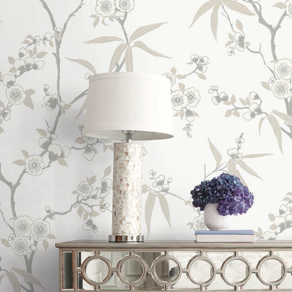 White Heron Floral Blossom Trail Wallpaper