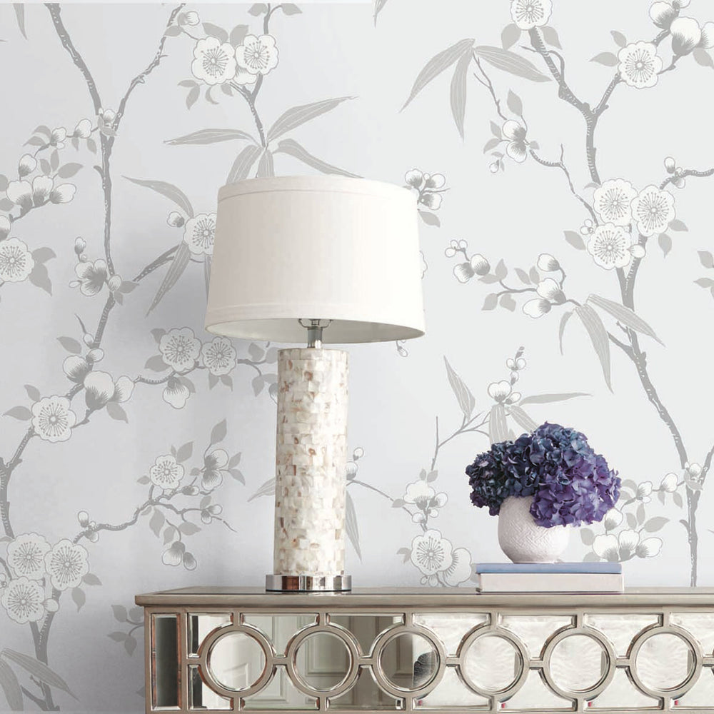 White Heron Floral Blossom Trail Wallpaper