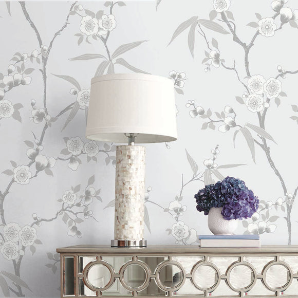 White Heron Floral Blossom Trail Wallpaper