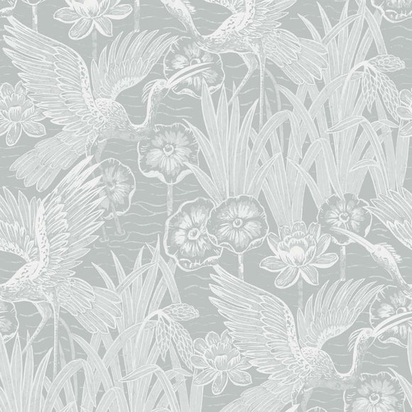 White Heron Marsh Cranes Wallpaper Sample Swatch