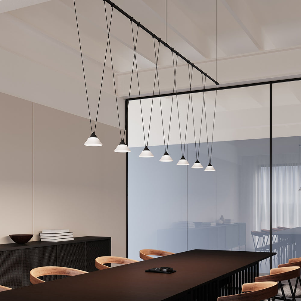 Suspenders® / 8' Linear 1-Tier with V-Line Etched Glass Cone Pendant Lights / Satin Black