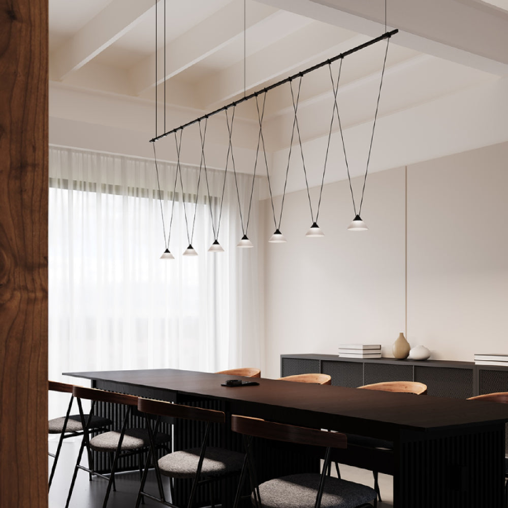Suspenders® / 8' Linear 1-Tier with V-Line Etched Glass Cone Pendant Lights / Satin Black