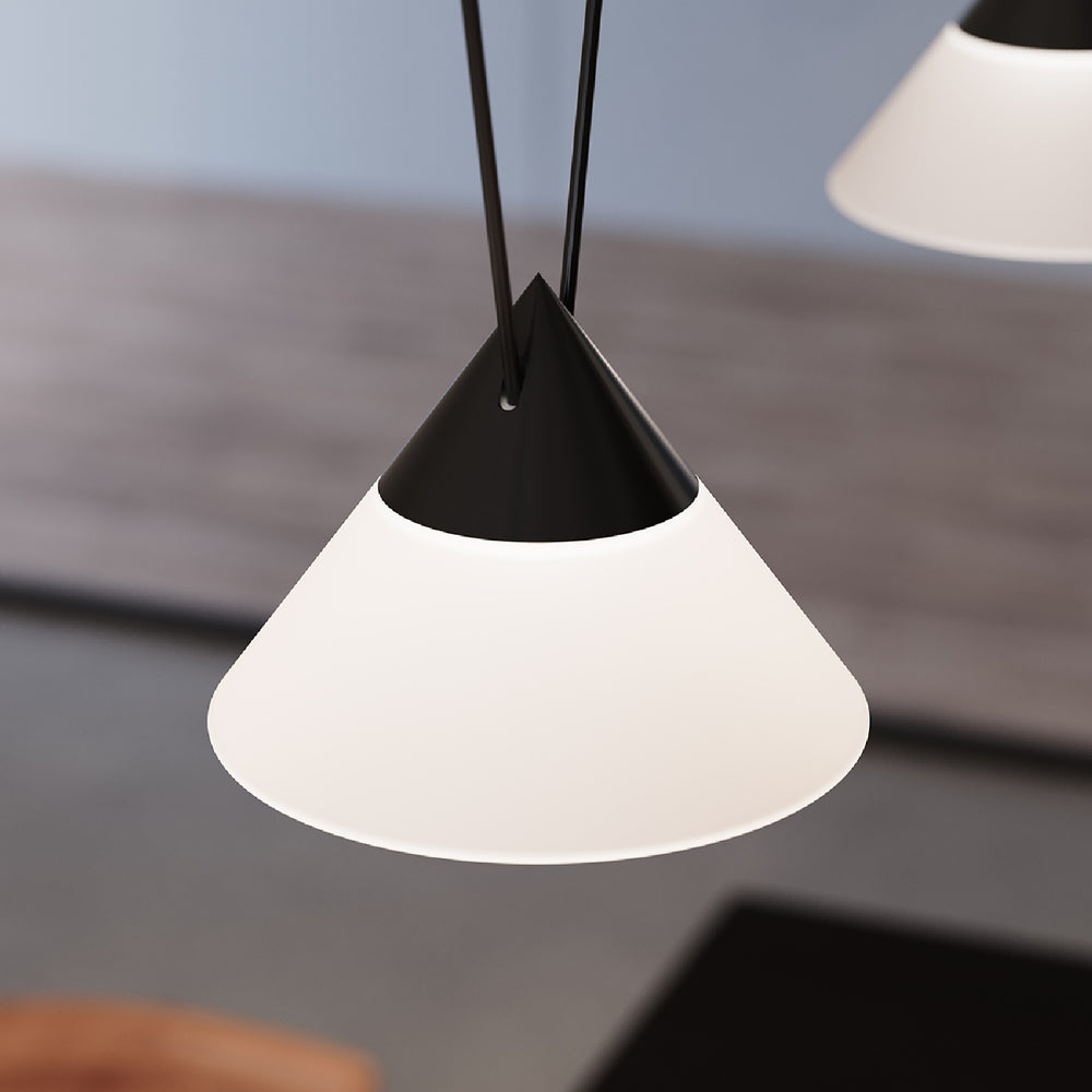 Suspenders® / 8' Linear 1-Tier with V-Line Etched Glass Cone Pendant Lights / Satin Black