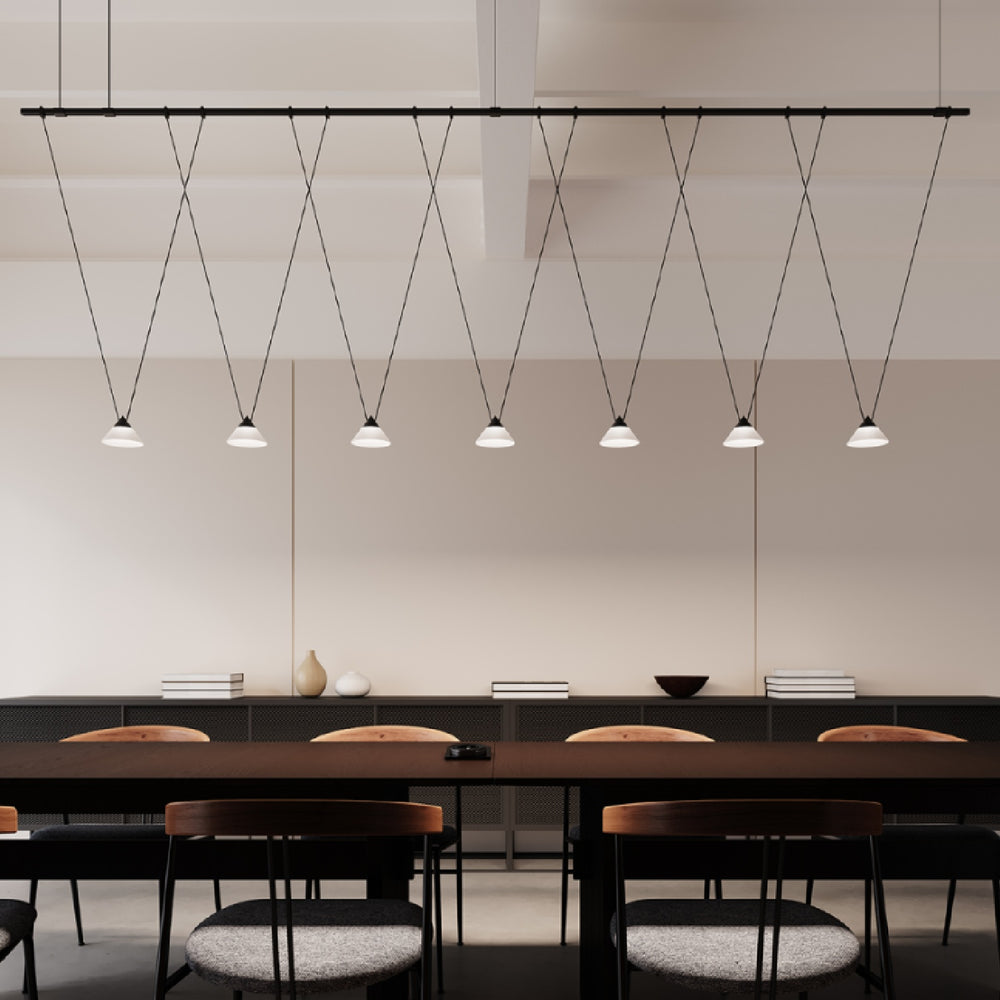 Suspenders® / 8' Linear 1-Tier with V-Line Etched Glass Cone Pendant Lights / Satin Black