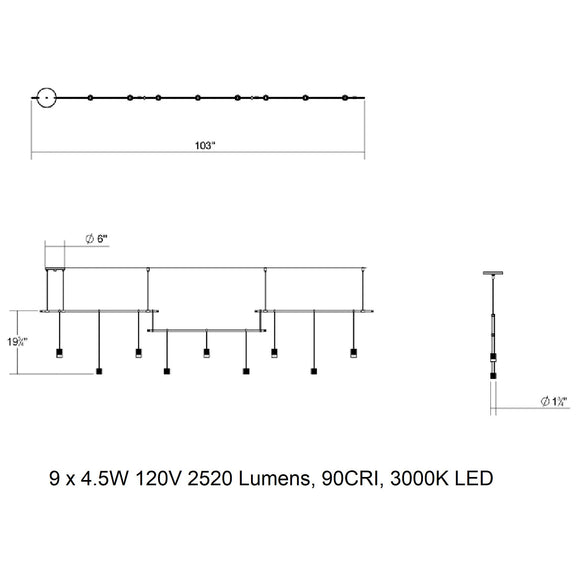 Suspenders Linear Offset Multi Light Pendant Light with Mixed Cylinder Luminaires
