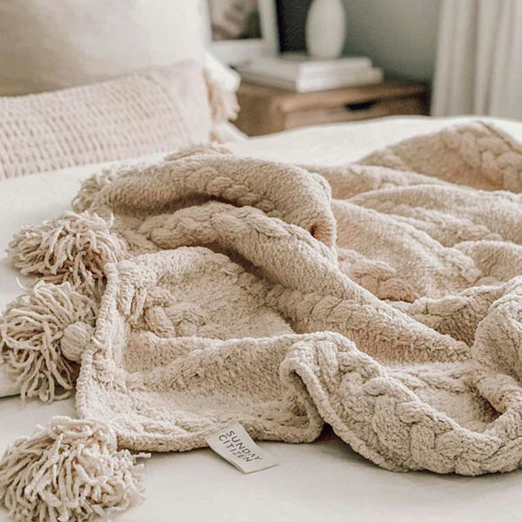 Braided Pom Pom Throw Blanket