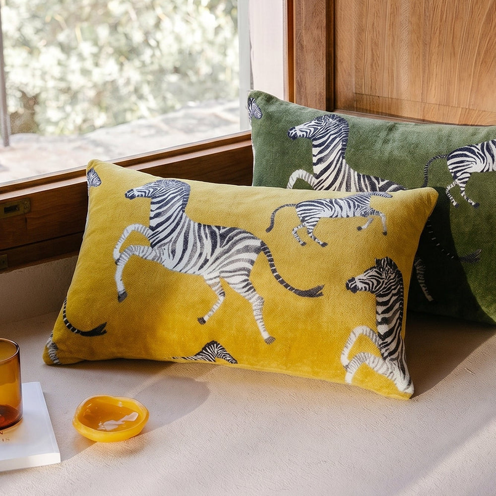 Velvet Watercolor Zebra Lumbar Pillow