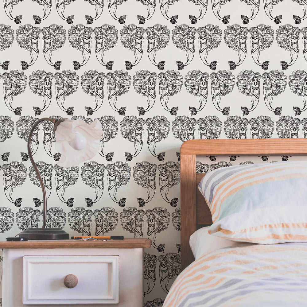 Block Print Mermaids Peel and Stick Wallpaper