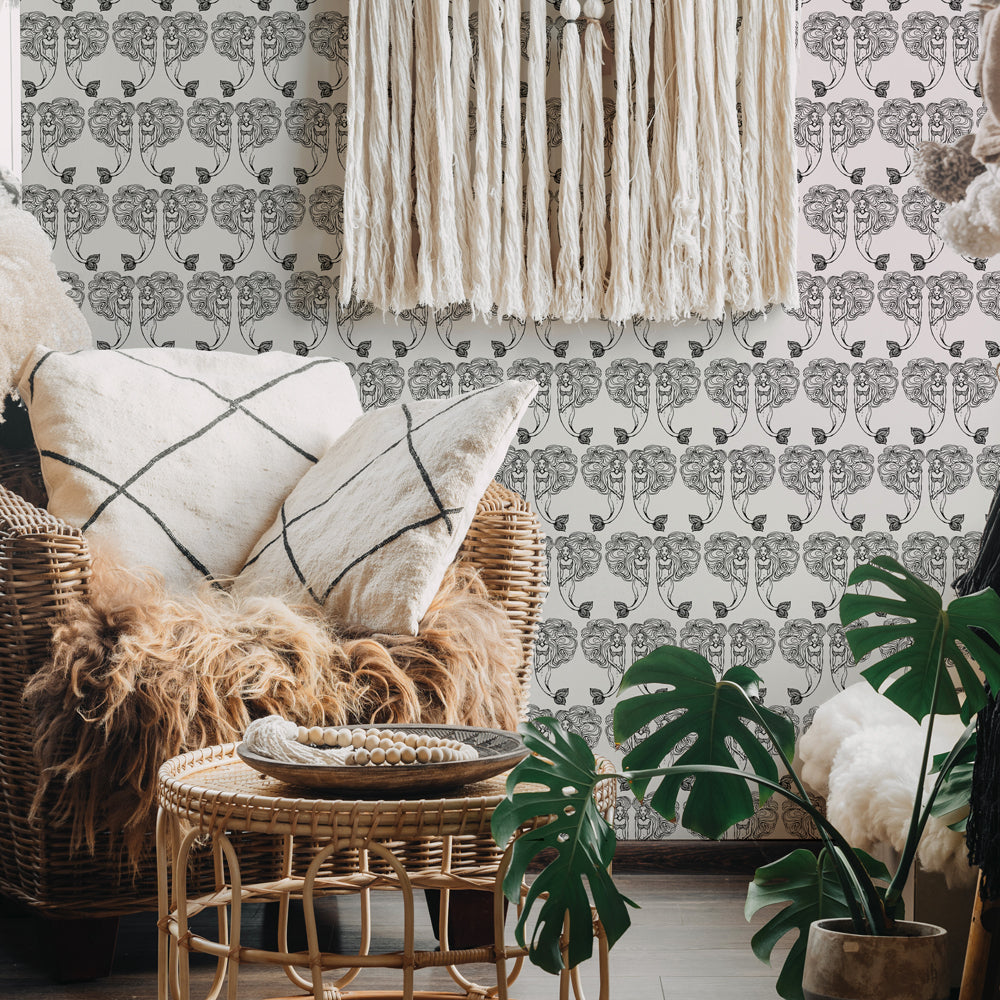 Block Print Mermaids Peel and Stick Wallpaper