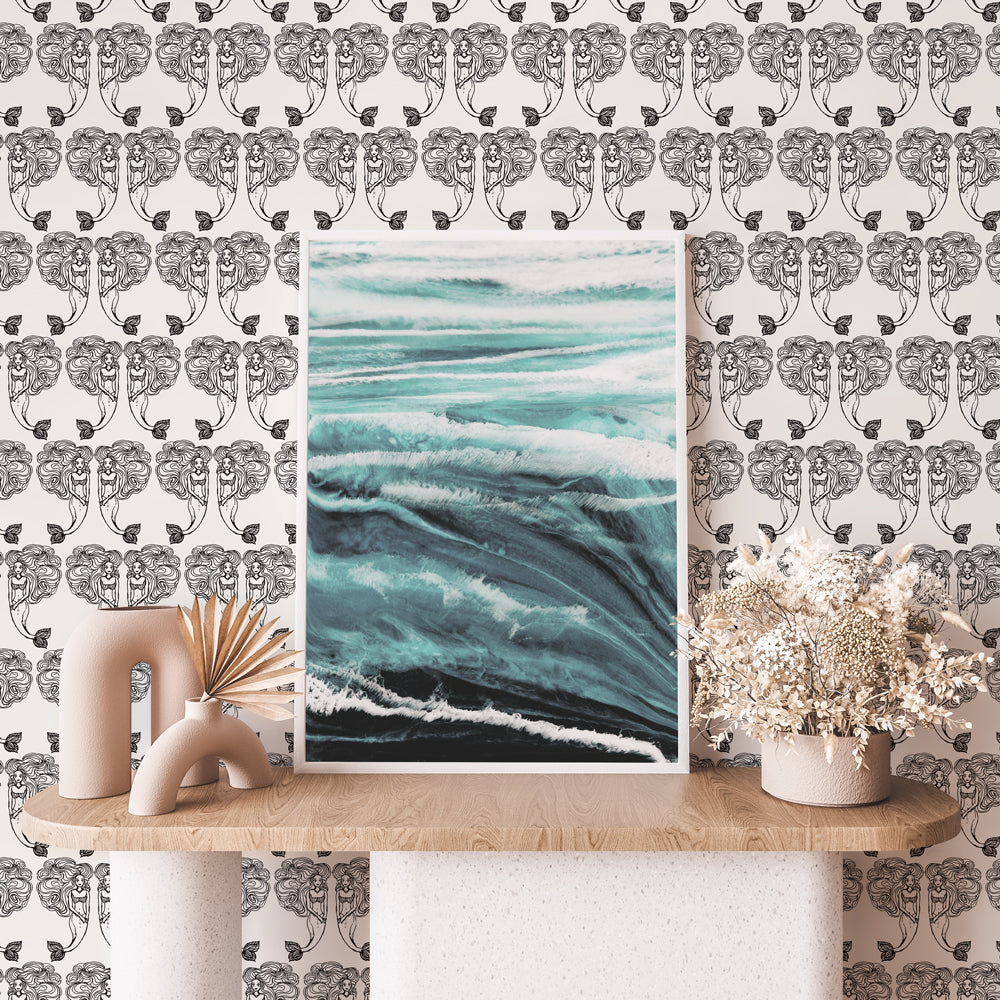 Block Print Mermaids Peel and Stick Wallpaper