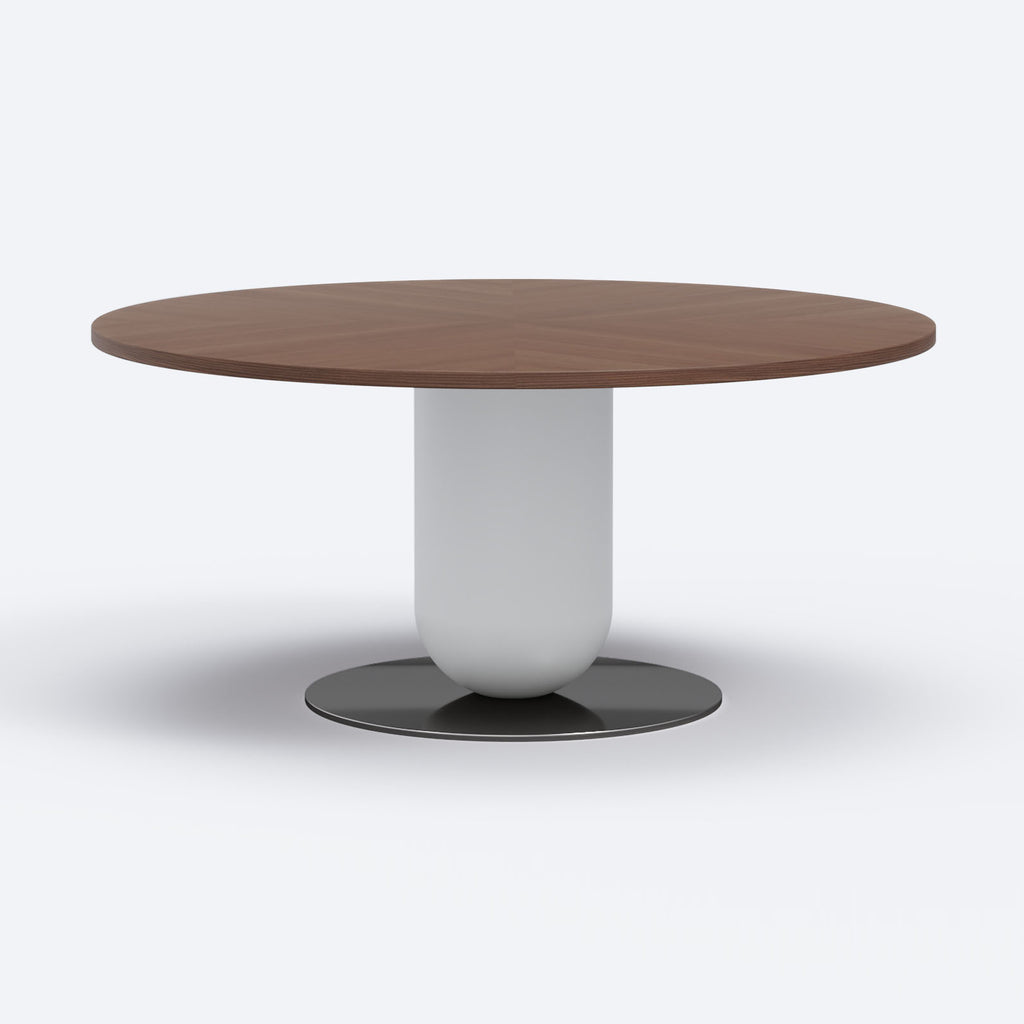 Round wooden tabletop with a white rounded pedestal base on a reflective circular metal base