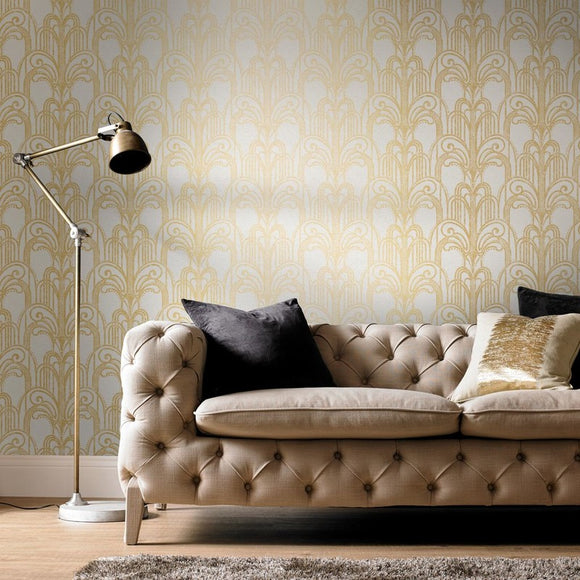 Graham Brown Art Deco Gold and Pearl Wallpaper