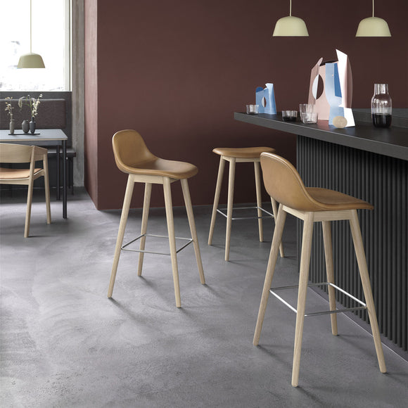 Fiber Upholstered Backrest Stool with Wood Base