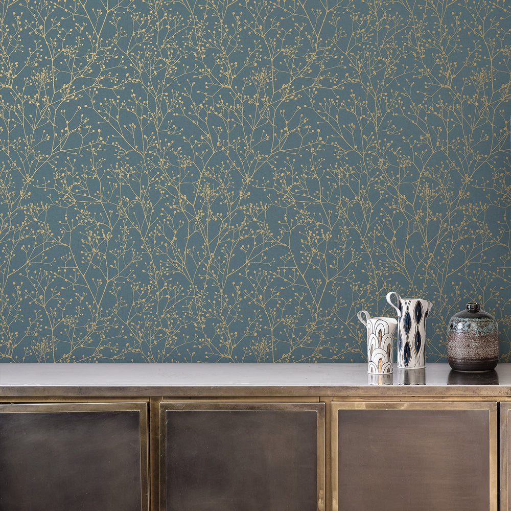 Clarissa Hulse Gypsophila Airforce Blue and Soft Gold Wallpaper