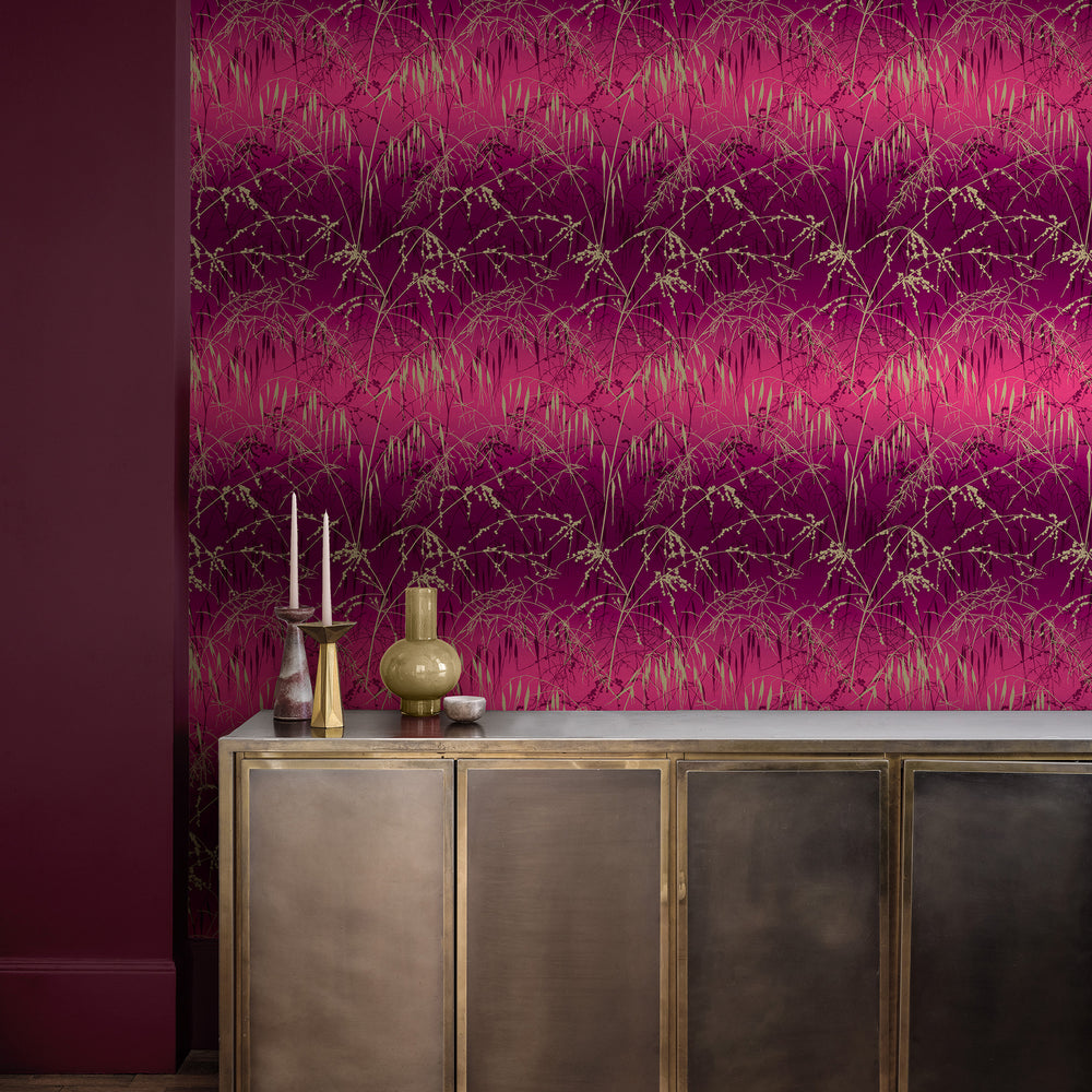 Clarissa Hulse Meadow Grass Damson and Soft Gold Wallpaper