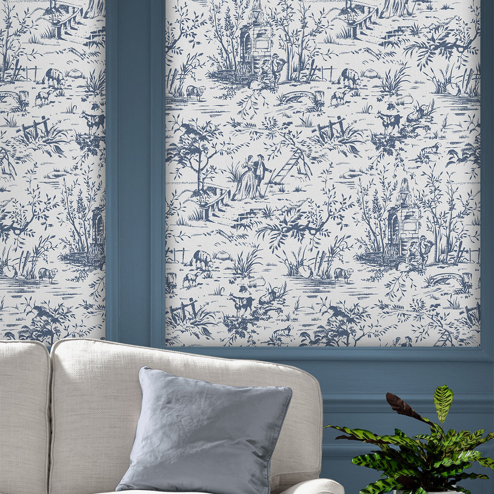 Laura Ashley Toile de Jouy Wallpaper Dark Seaspray Blue Wallpaper