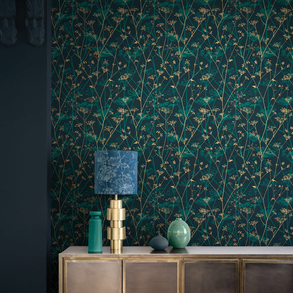 Clarissa Hulse Wild Chervil Kingfisher and Gold Wallpaper