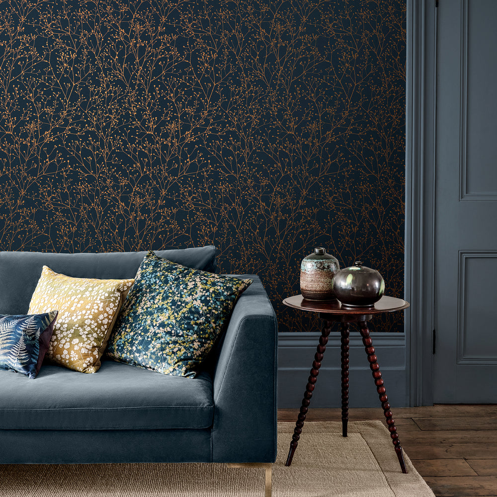 Clarissa Hulse Gypsophila Airforce Blue and Soft Gold Wallpaper