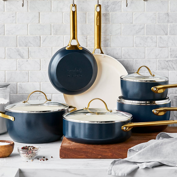Navy Blue Pots and Pans Set Nonstick - 15 Piece Luxe Gold Pots and Pans Set  - Induction Compatible, 100% PFOA Free Nonstick Frying Pans, Sauce Pans