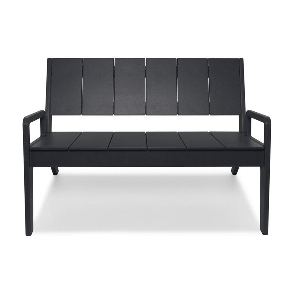 Dark black metal outdoor bench with slatted back and seat