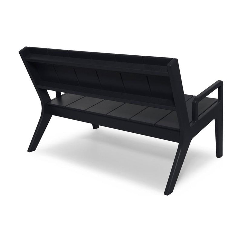 Black outdoor bench with slatted back and seat, side arms
