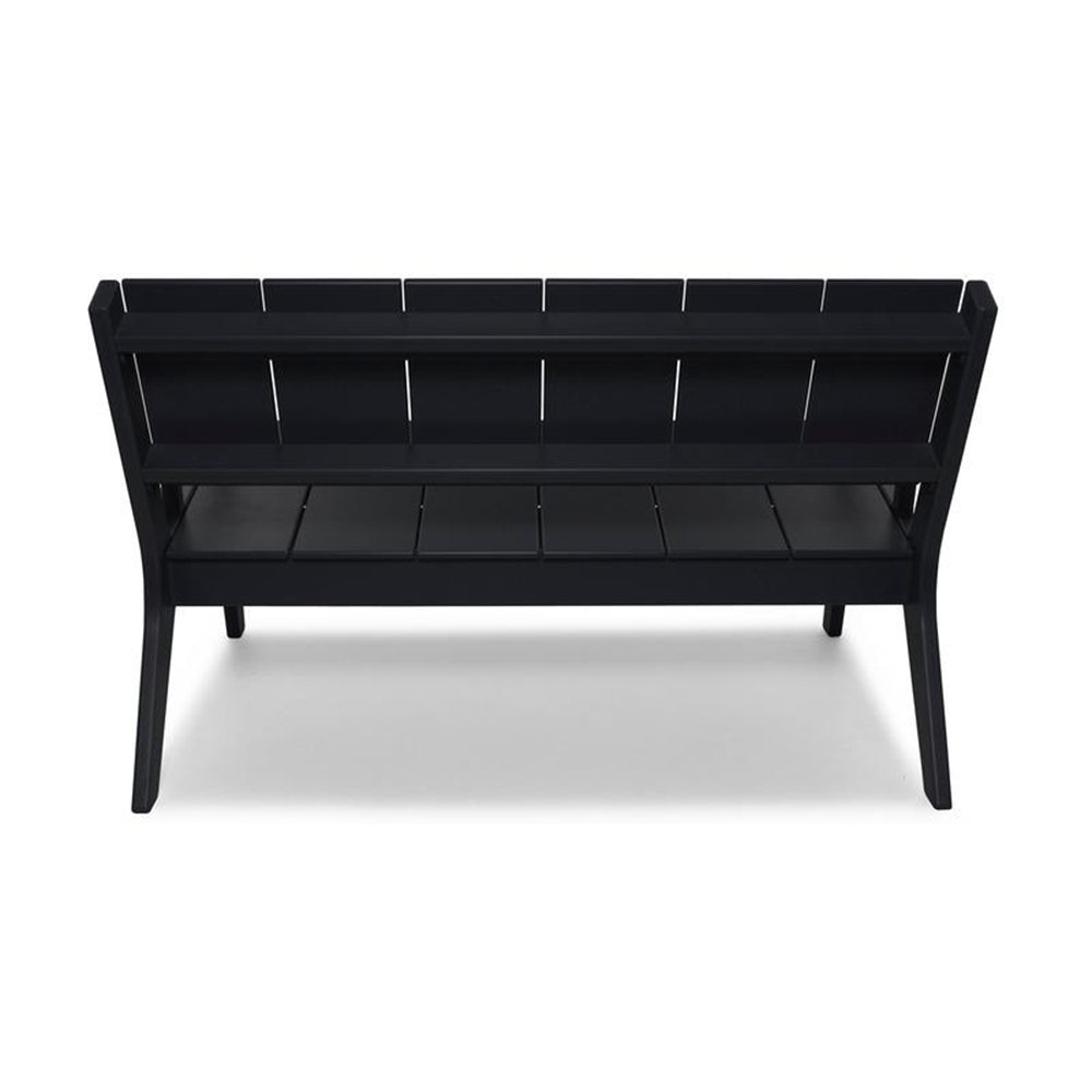 Black outdoor bench with slatted back and seat, side by side in a row