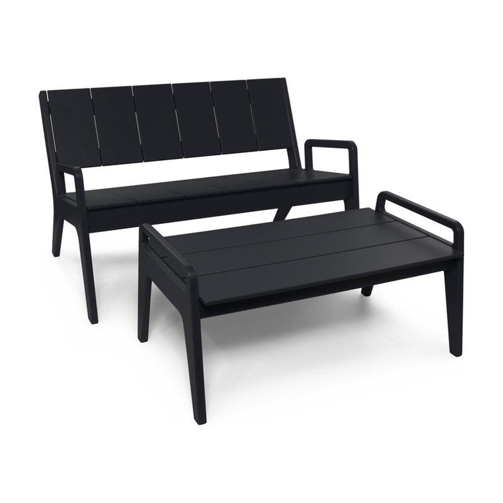Two-tone outdoor seating set: a bench behind and a coffee table in front, all in black